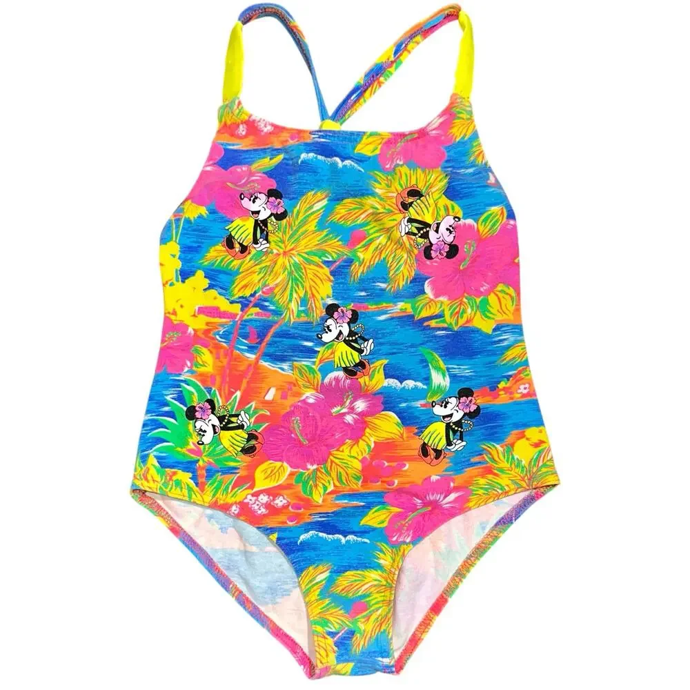 Vintage 90s Disney Girls Colorful Minnie Mouse Hula One Piece Swimsuit Size 10